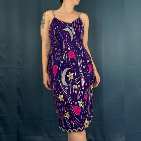 Vintage Dresses & Skirts - Vintage 80s Judith Ann Creations Celestial Silk Sequin Beaded Dress